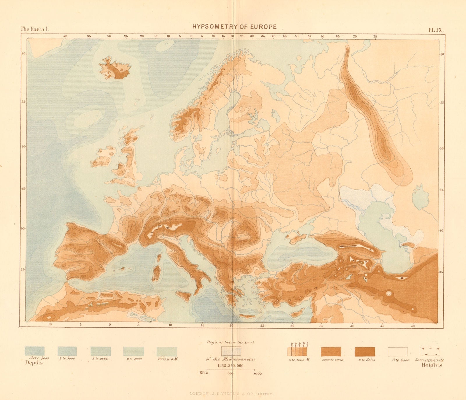 Hypsometry of Europe 1886 old antique vintage map plan chart